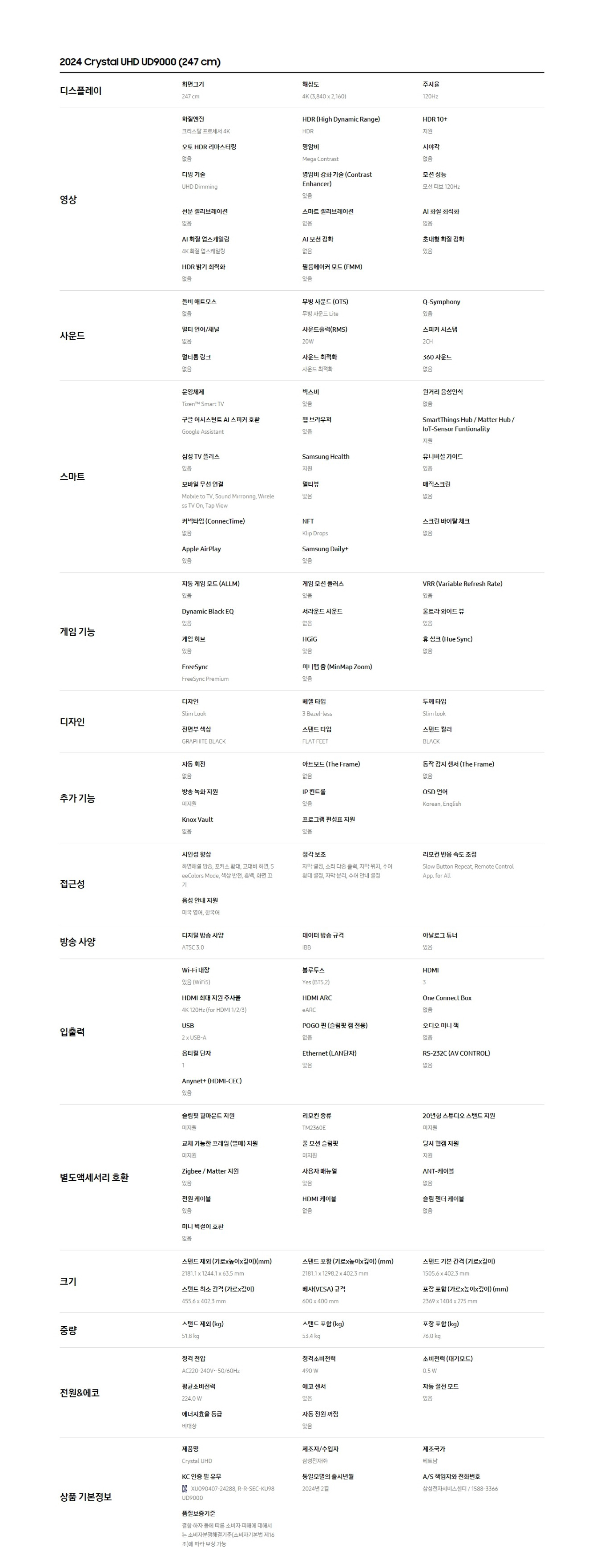 삼성 2024 Crystal UHD UD9000 98인치 KU98UD9000FXKR 렌탈 설치비면제